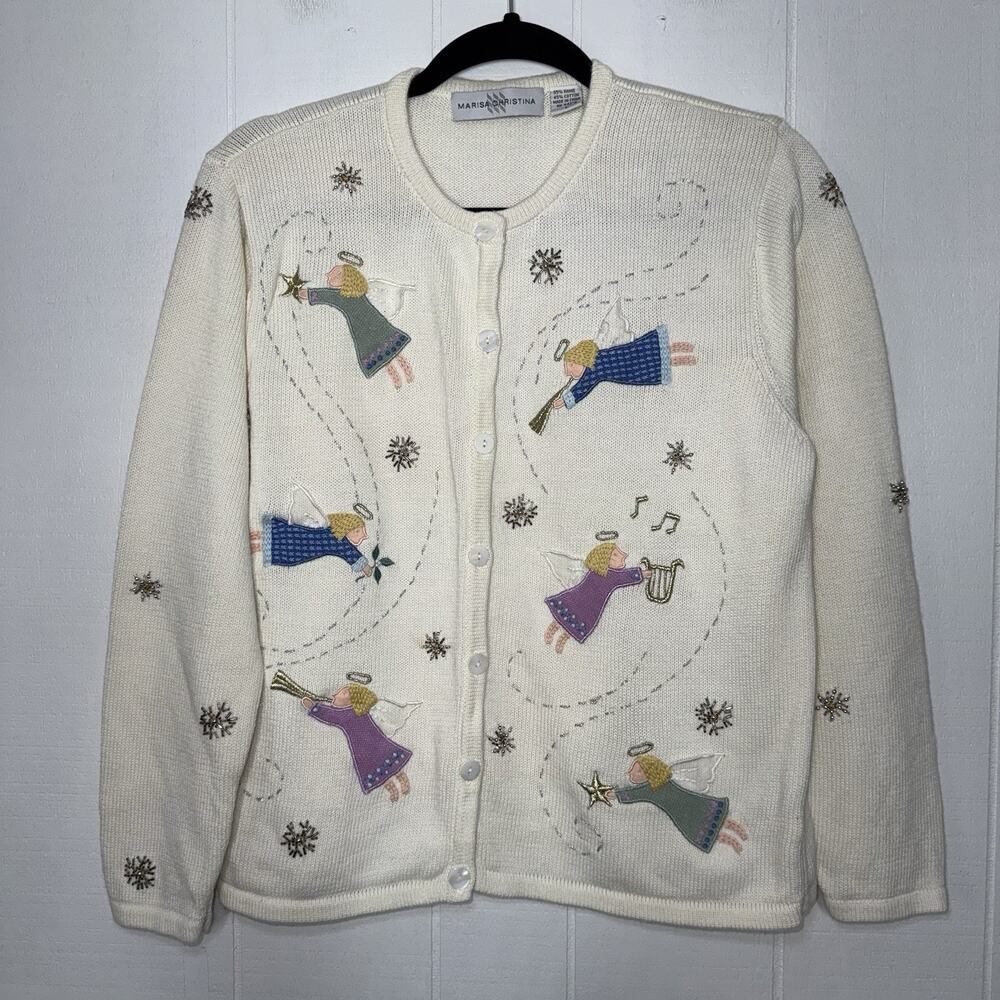 Marisa Christina Vintage Angel Embroidered Beaded Cardigan Sweater Grandma L